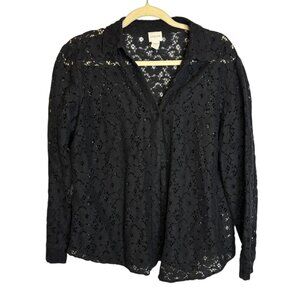 Chico's Blouse Women's Size Large Floral Eyelet Sheer Black Chicos 2‎